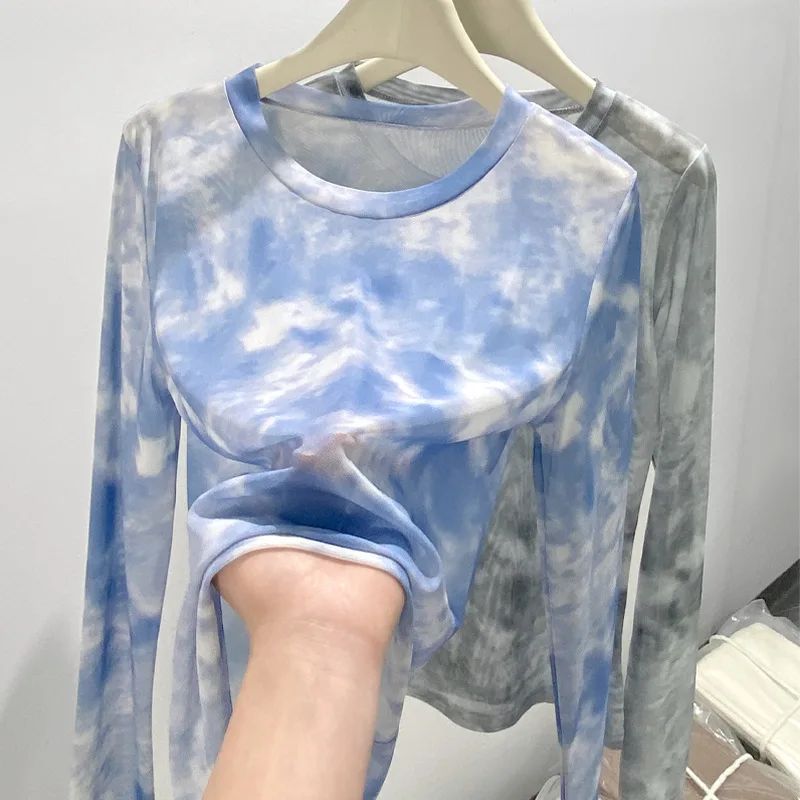 2026 Summer New Women's Mesh Long-Sleeved T-Shirt Round Neck Sun-Protective Printed Top Outer Wear Slim Thin Y2K Vintage Tops
