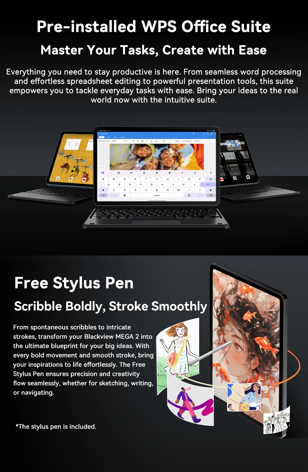 Blackview MEGA 2 Wifi Tablet PC 12'' 2K FHD+ Display Unisoc T615 12GB RAM 256GB ROM 9000mAh Battery 16MP Android 15 Tablets