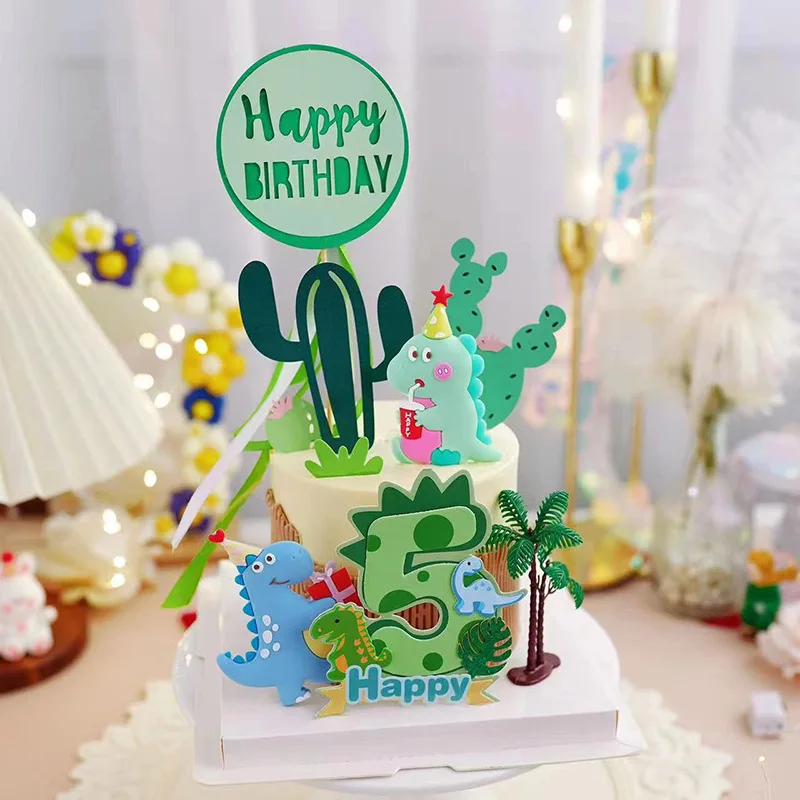 Green Dinosaur Digital Cake Topper Paper Dinosaur Happy Children Cake Topper Birthday Party Children's Day Anniversary Decor