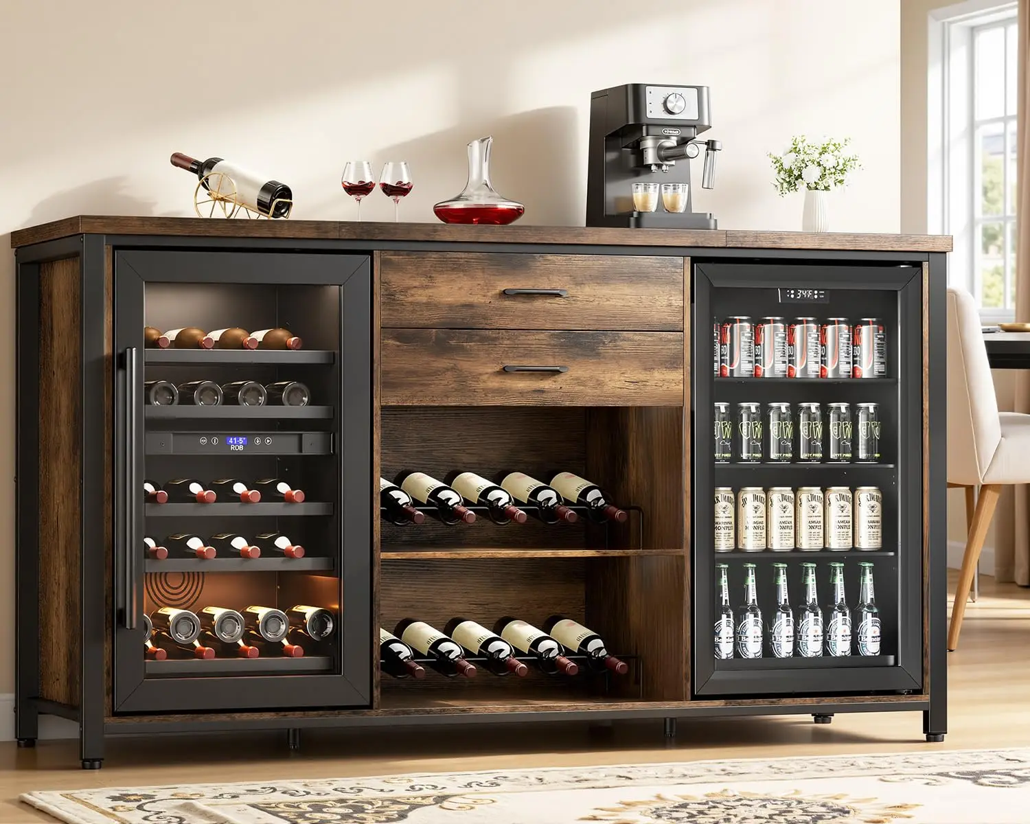 Coffee Bar Cabinet With 2 Fridge Space, 70.8
