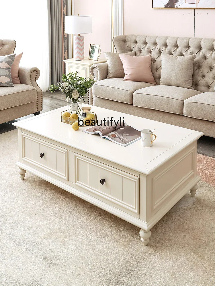 

American-Style Solid Wood Coffee Table TV Cabinet Combination White Light Luxury Small Apartment Living Room Home