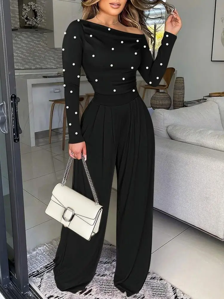 

Women's Pearls Decor Skew Neck Long Sleeve Jumpsuit Cinched Waist Wide Leg Casual Ruched Zipper Back Overalls Woman Clothing
