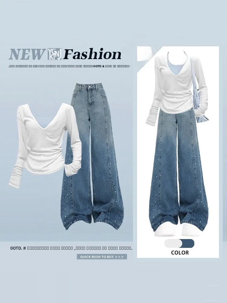 

Spring High Waist Wide Leg Denim Women's Sweet Spicy Sle Tee Piece Set White Top Strap V Ne Long Sve Faion Ensemble