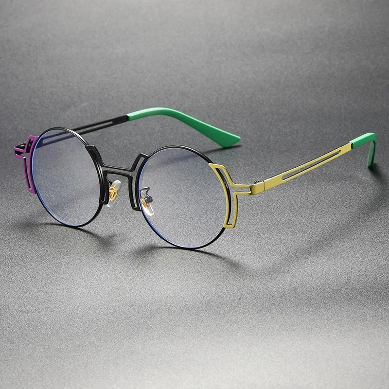 Neue Geometrische Runde Farbblock-Brille für Männer und Frauen Retro Metallrahmen Anti-Blaulicht Modische Brille