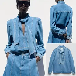 2024 spring and autumn Europe and the United States wind women's bow decorated stand-up collar denim shirt