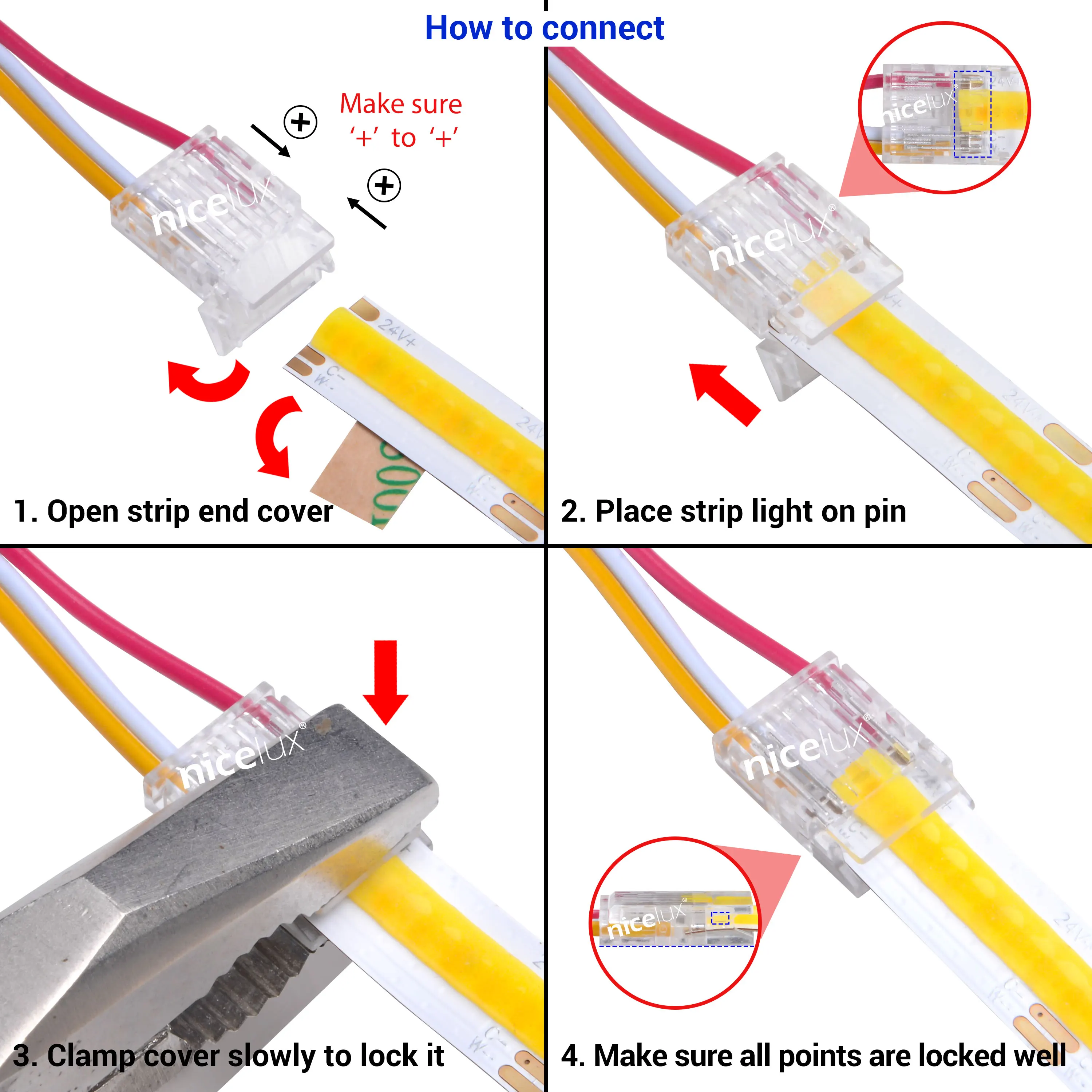 COB Strip To Wire LED Connectors 12 8 10mm Connection Solderless For CCT FCOB LED Strip Lights 3 Pin Connector With Wire 15cm