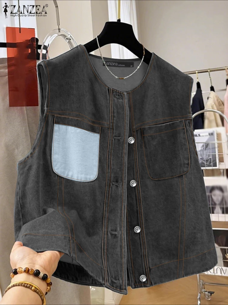 

ZANZEA Summer Autumn Vests Tops Vintage O Neck Sleeveless Shirt Stylish Women Blouse Casual Buttons Up Shirts Patchwork Tanks