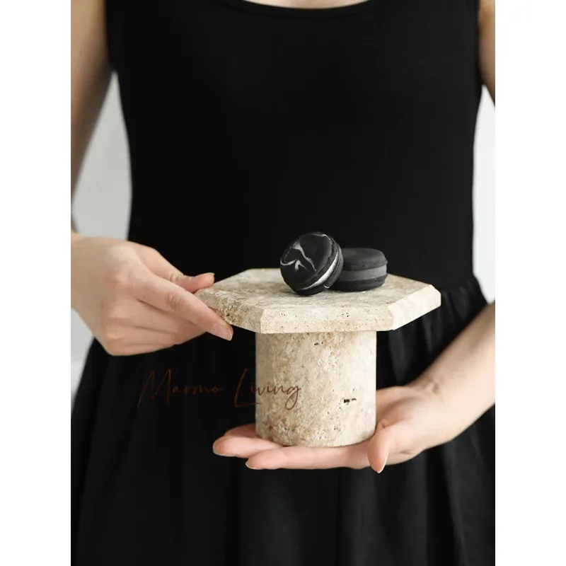 

Natural Stone Serving Tray Jewelry Plate Polished Hexagon Beige Brown Travertine Candle Holder Stander For Party