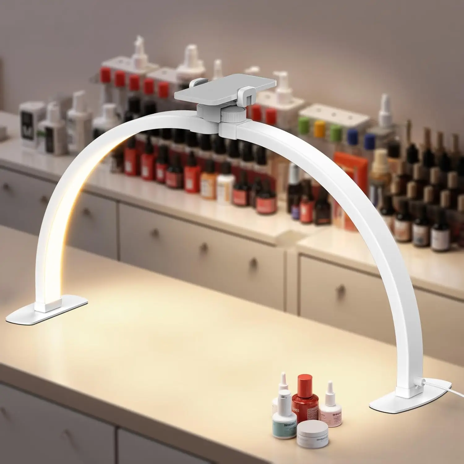 

29" Half Moon Nail Light for Desk, 36W Foldable LED Arc Lamp with Phone Holder, Dimmable 3000K-6500K, 2920 Lux, Heavy Base, Ideal for Manicure Makeup Tattoo Overhead Video Recording