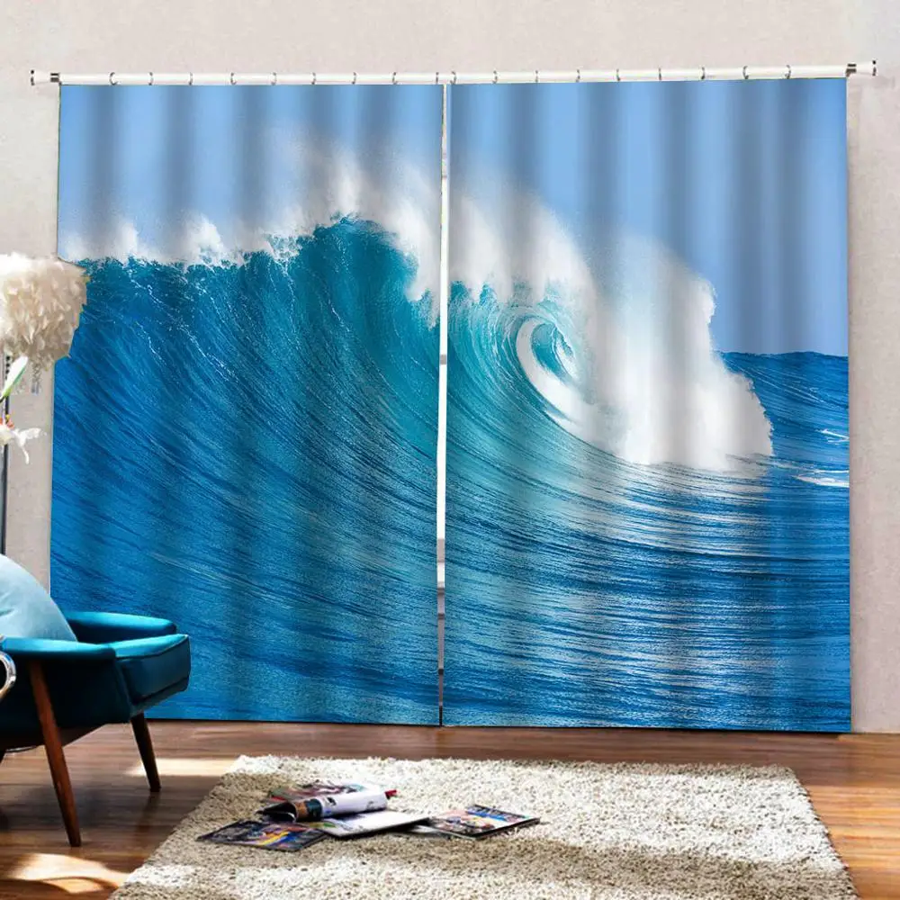 Blue curtains wave curtain 3D Curtain Luxury Blackout Window Curtain Living Room Blackout curtain