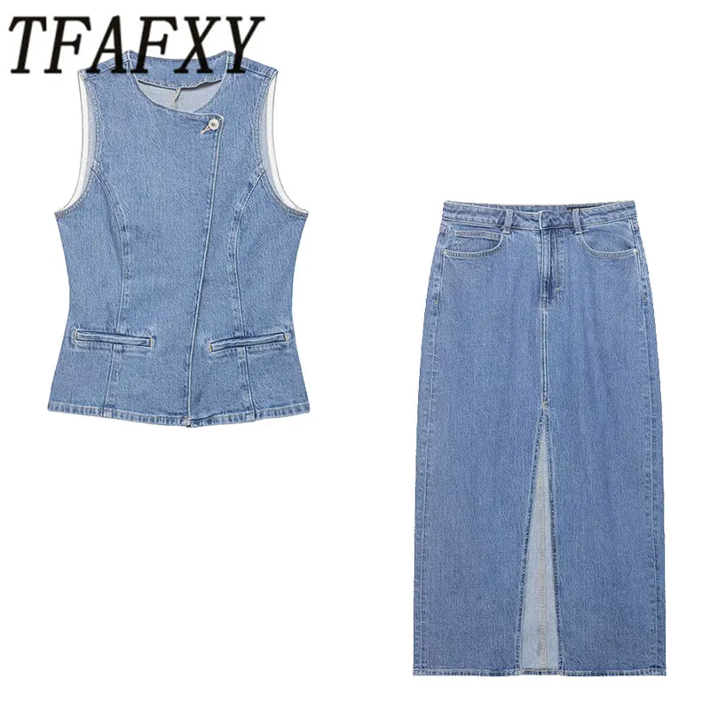 

TFAFXY 2026 Summer Sexy Women Denim Suit Sleeveless Zipper Cropped Top Ankle-Length Sheath Skirt Fashion Sets