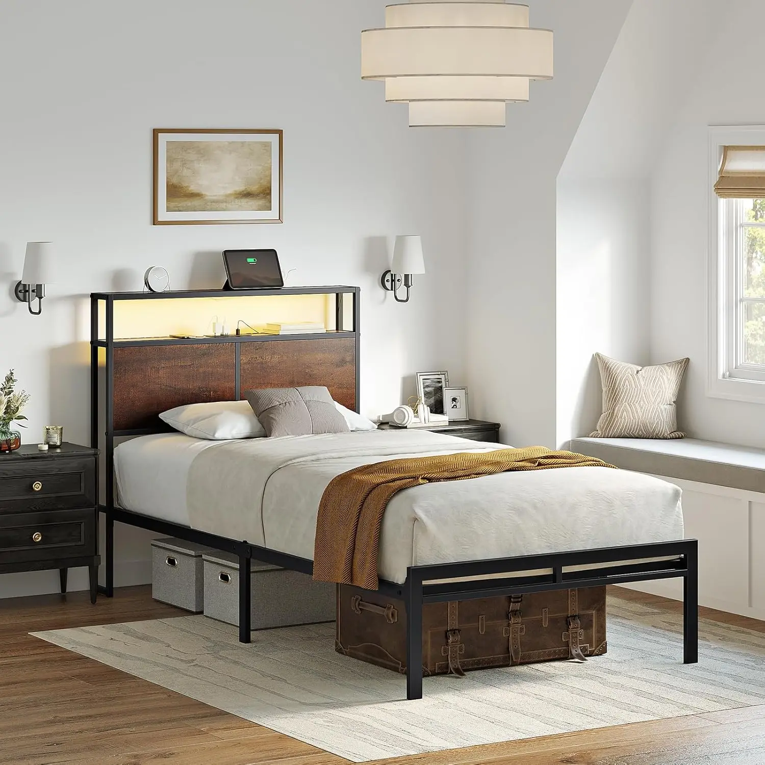 Dual size LED bed frame with headboard platform bed frame, equipped with 2 charging sockets and 2 USB ports