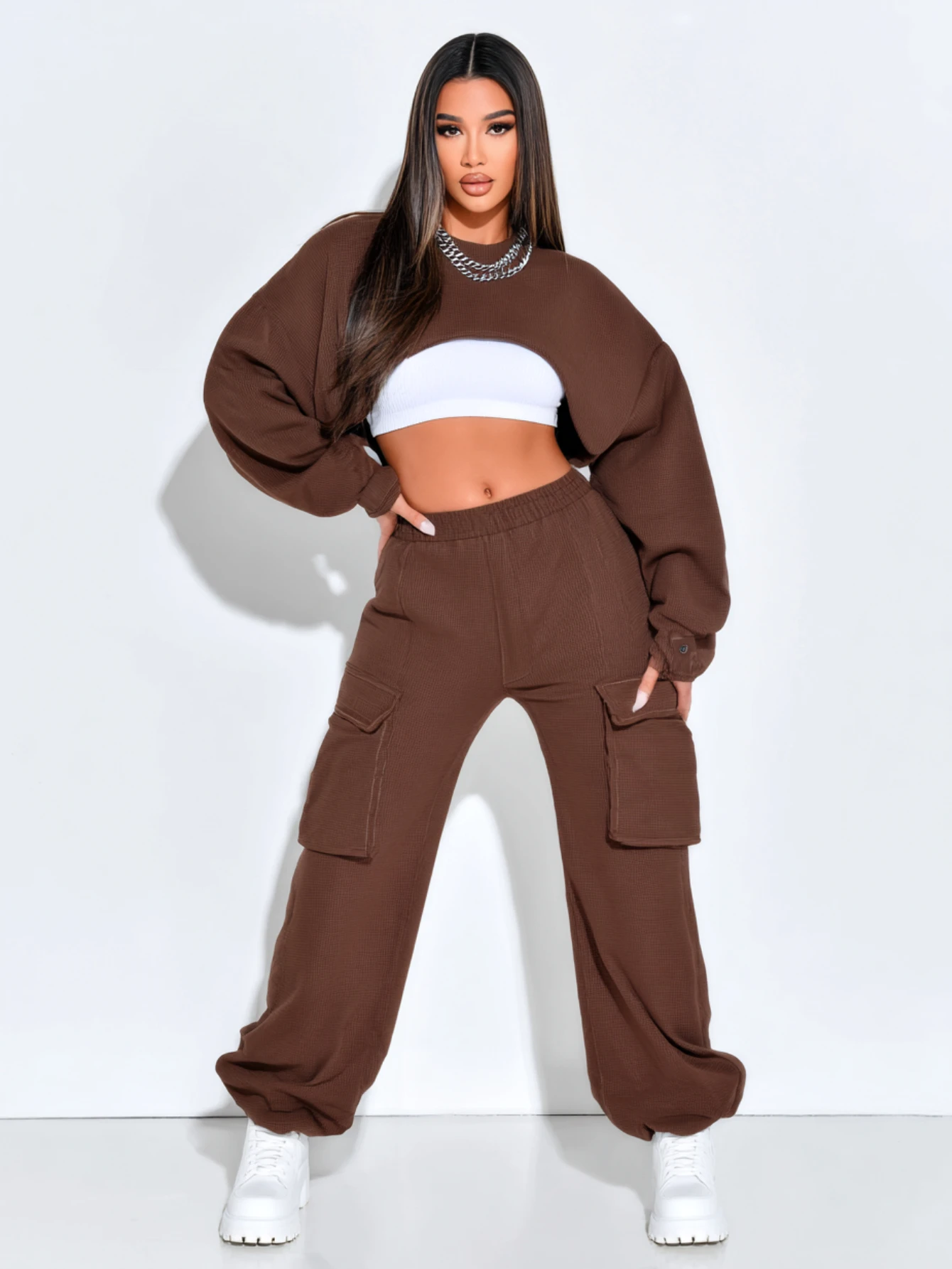 

Mia Muse Boutique Women's Sets Autumn Safari Style Plain Cropped Pockets Long Sleeve Crew Neck Ankle Length Cargo Pants Sets