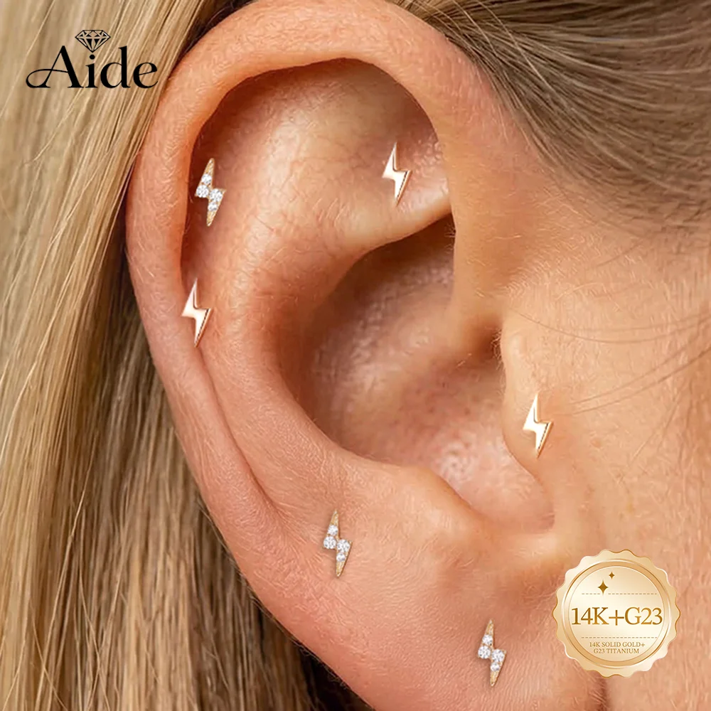 AIDE 14K Solid Gold Classic Mini Lightning CZ Women's G23 Titanium Flat Back Piercing Ear Bone Nail INS Dainty Luxury Party Gift