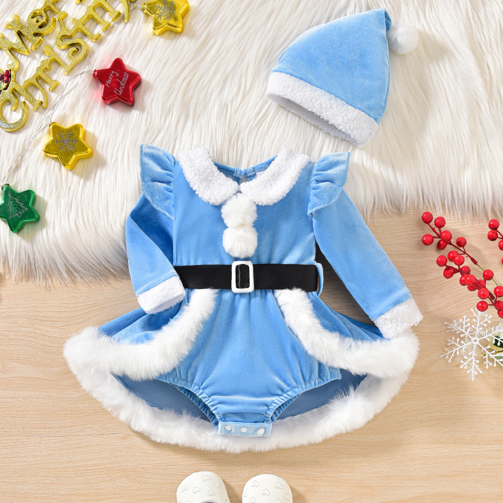 طفل الفتيات عيد الميلاد رومبير اللباس أفخم المرقعة طويلة الأكمام حللا لطيف سانتا قبعة مجموعة ملابس عيد الميلاد #5