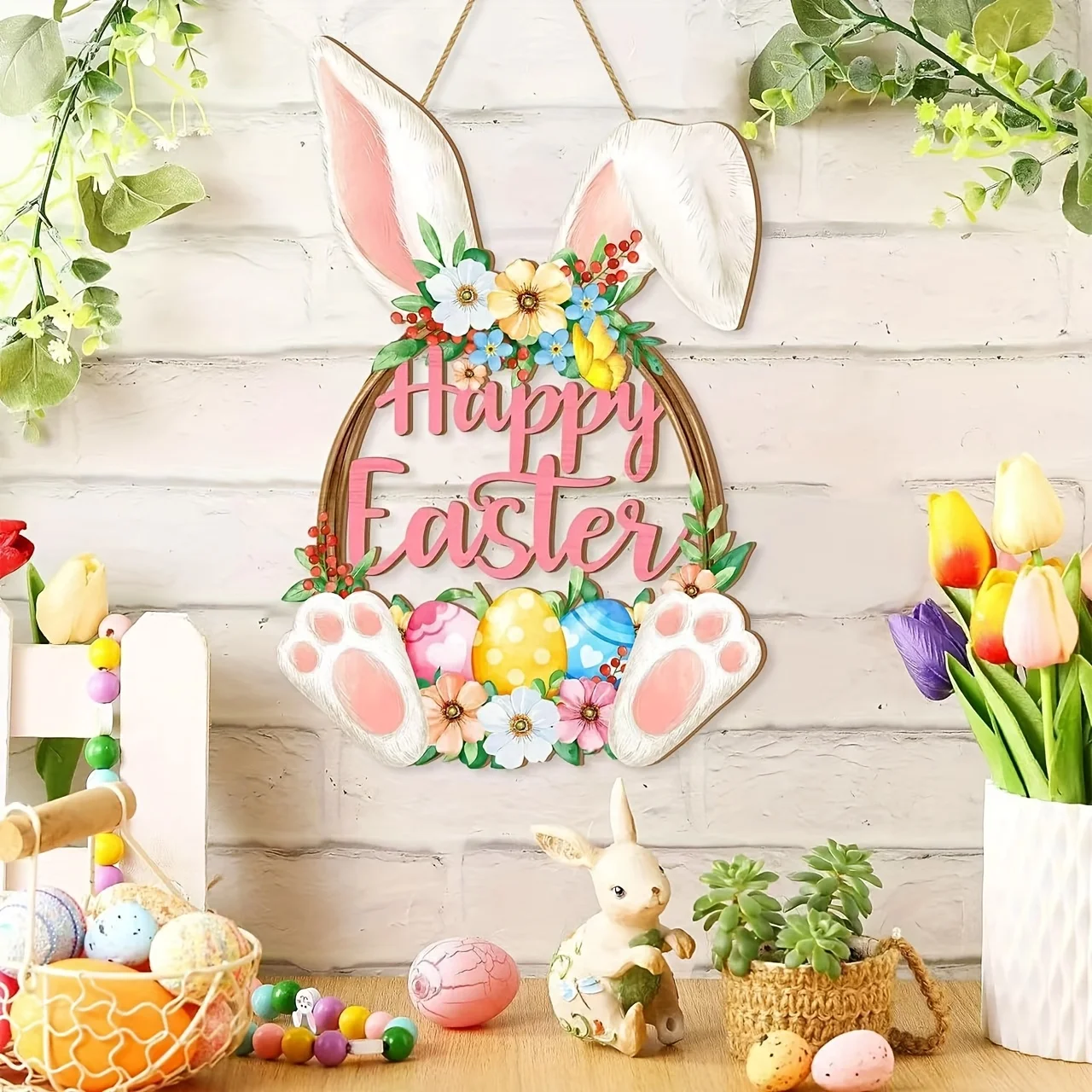 Easter Bunny Wooden Doorplate Decoration Door Sign, Happy Easter Wall Hanging with Floral Decoration