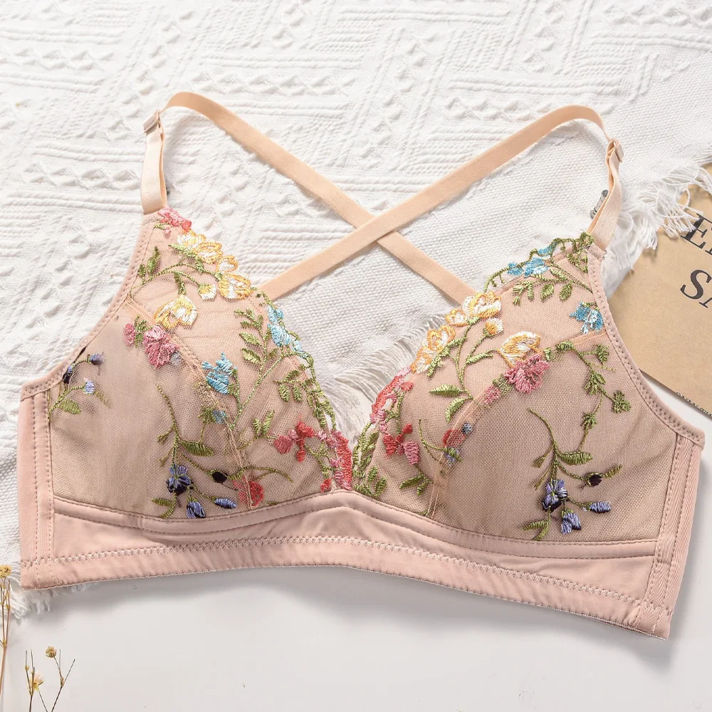 

Open Back Bra Floral Embroidery Bralette Sexy Lingerie Wire Free Brassiere French Romantic Women Underwear Deep U Low Back Bras