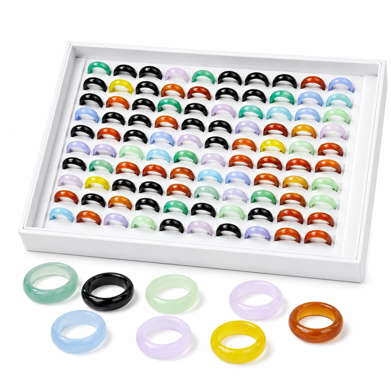 50Pcs Multicolor Carnelian Crystal Agate Rings for Women Fashion Natural Jewelry Bulk Packs Mixed Colors PF4020