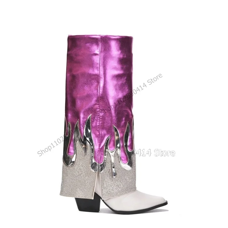 Purple Totem Print Turned Over Pointed Toe Boots Knee High Women Shoes Strange Style Heels Fashion Sexy 2023 Zapatos Para Mujere