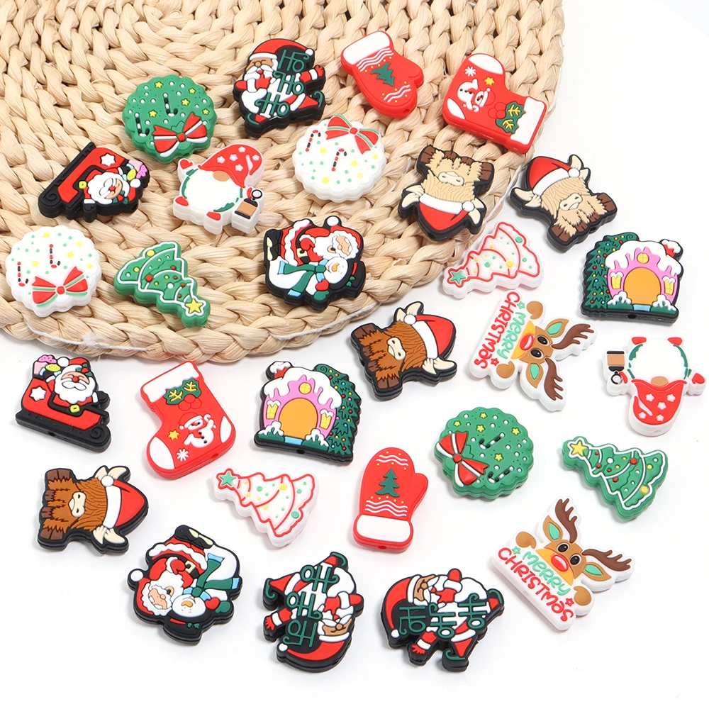 2pcs New Christmas Series Beads Santa Reindeer Cookies Snowman Silicone Beads For Jewelry Making DIY Christmas Gifts Accessories