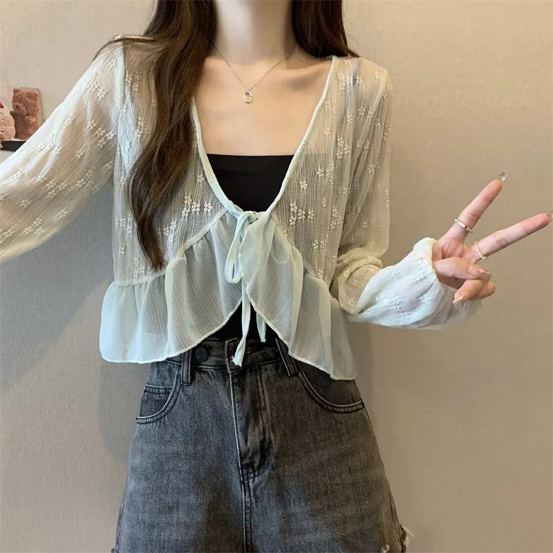 Sweet Ruffles Bandage Crop Tops Female Elegant V-Neck Lace Sun Protection Blouse Women Summer Long Sleeve Thin See Through Shirt