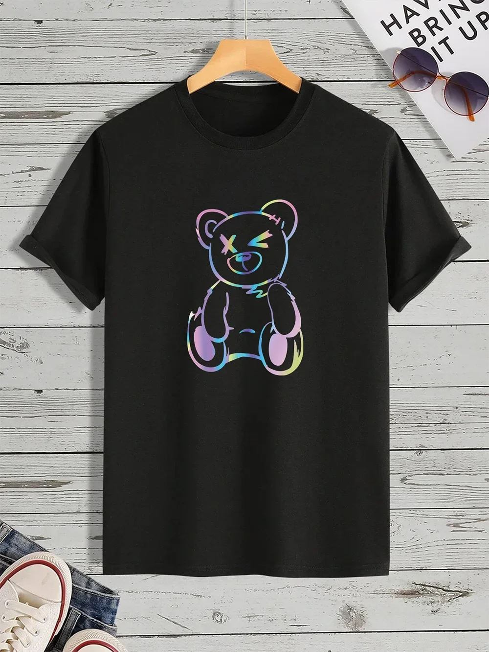 

Teddy Bear Print T-Shirt for Women's Casual Crew Neck Short-Sleeve Fashion Summer T-Shirts Tops, Regular and Oversize Tees
