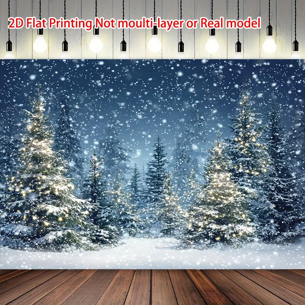 2D Flat, Winter Snowy Pine Forest Tapestry - Realistic Snow-Covered Trees with Falling Snowflakes & Starry Night Backdrop - Hori