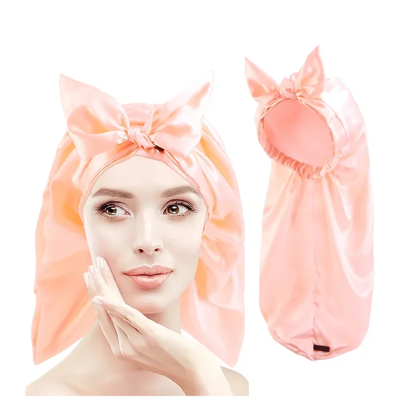 

Knotted Satin Nightcap Long Barrel Hair Cap Ladies Bandana Shower Cap