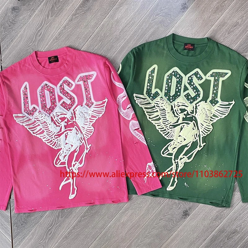 

Ripped Hole Do Old Lost Intricacy T-shirt Retro Washed Casual Print Tops Hot Drill Rhinestone Lost Intricacy Long Sleeves