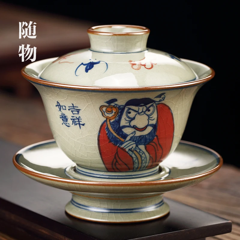 Zhong Kui Chai Shao Gai Old Ceramic, Jingdezhen Sancai Bowl, Cup, High Grade, Non Hot Single Ceramic Tea Set