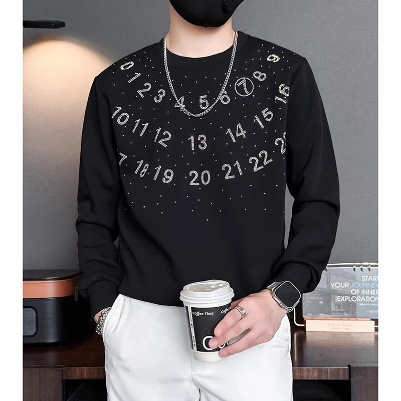 Fashion O-Neck Casual Digital Diamonds T-Shirts Men\'s Clothing Spring New Loose Long Sleeve All-match Tops Korean Tee Shirt