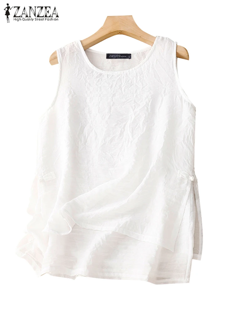 ZANZEA Casual rana bottone fessura Camis donne doppio strato serbatoi moda senza maniche semplici canotte 2024 estate o-collo tuniche