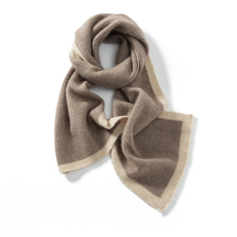 Two Tone Border Vertical Ribbed Knit Cashmere Scarf 160×26cm Slim Fit Color Block Neck Warmer, Soft Stretchy Striped Scarf for W