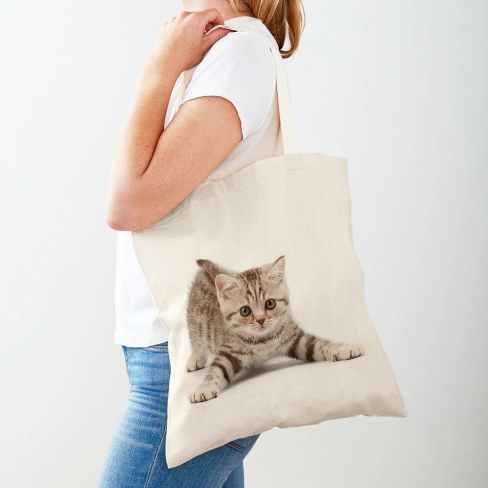 Casual Pet Cat Lady Shopping Bag Both Sided Print Reusable Canvas Fashion Wild Animal Travel Tote Handbag for Women Shopper Bags