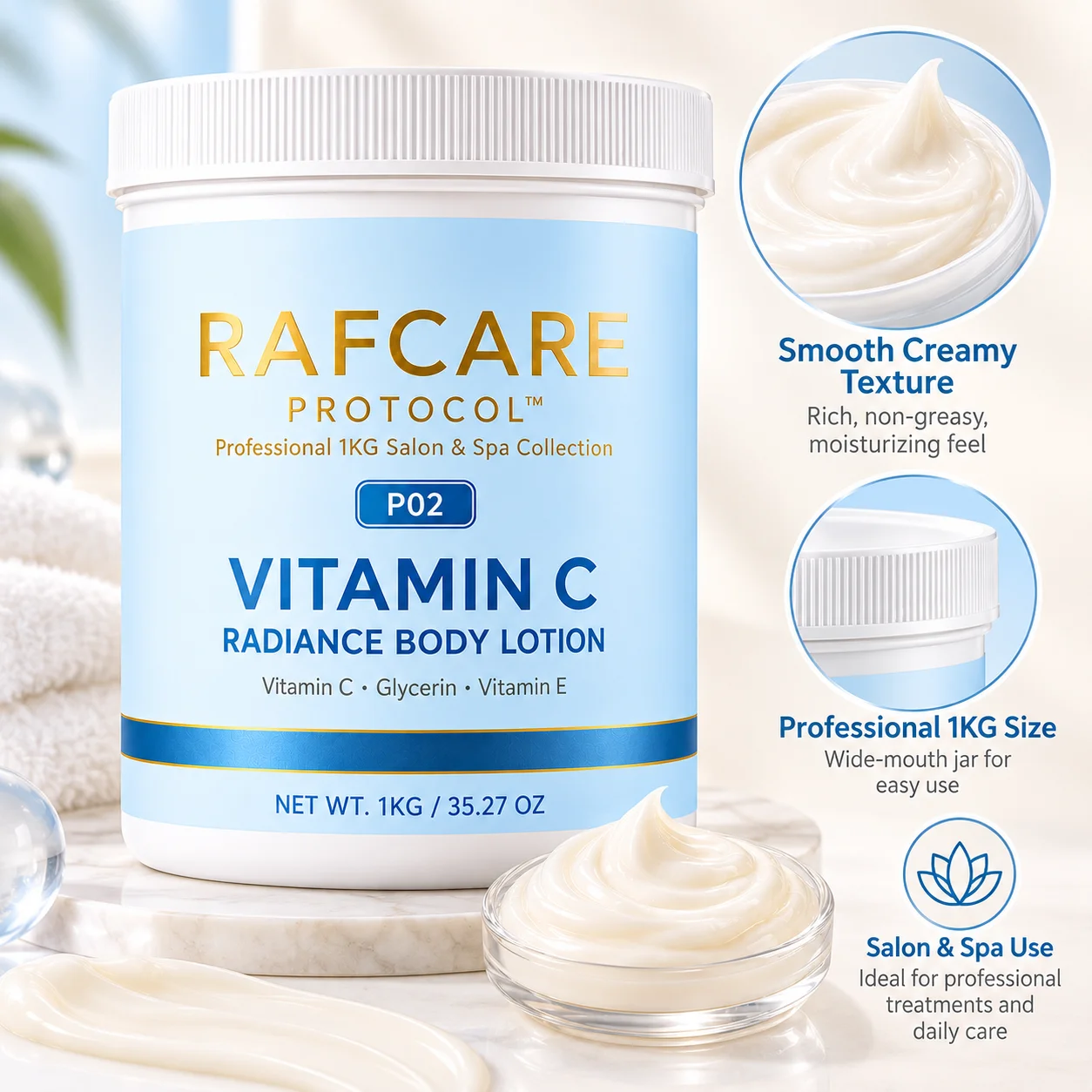 1KG Vitamin C Radiance Body Lotion Professional Salon Spa Brightening Moisturizer Wholesale OEM Private Label RAFCARE PROTOCOL