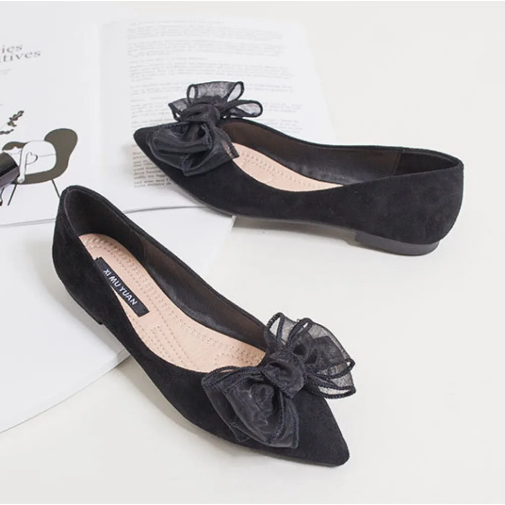 

Туфли на плоской подошве для женщин, весенние новые туфли с неглубоким бантом, замшевые туфли на плоской подошве с острым носком, женская обувь большого размера на мягкой подошве, женские туфли-лодочки