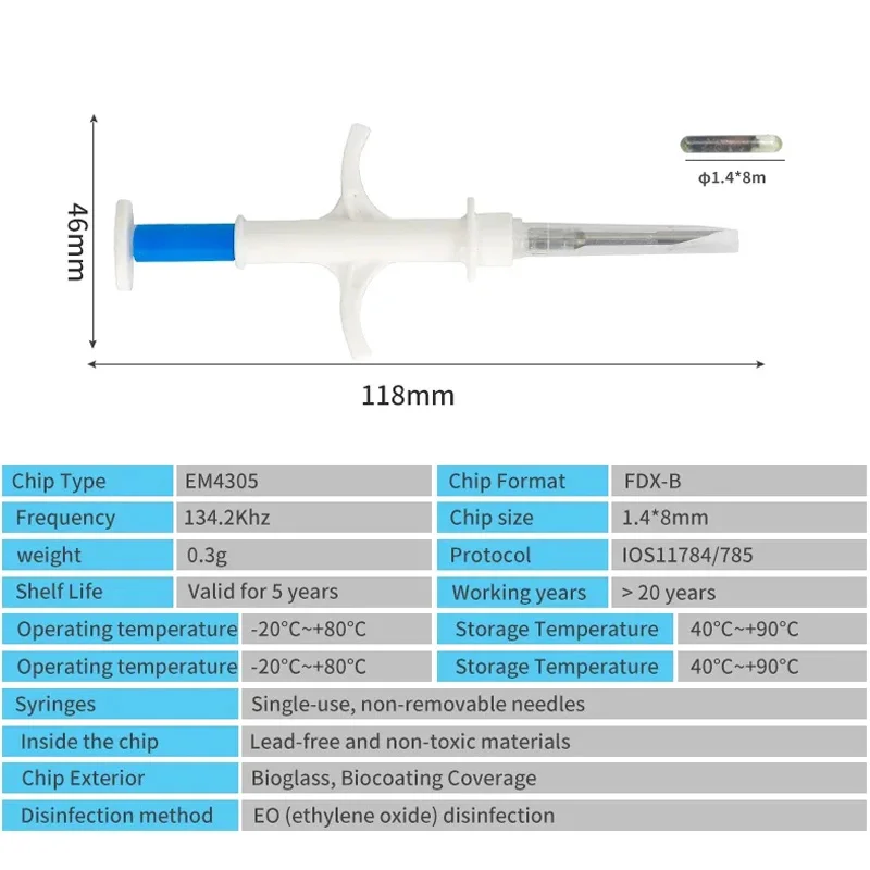 20pcs 1.4*8mm FDX-B Microchips 134.2KHz Animal Chip Microchip Veterinary Pet Syringe RFID Injector Animal Transponder Pet Reader