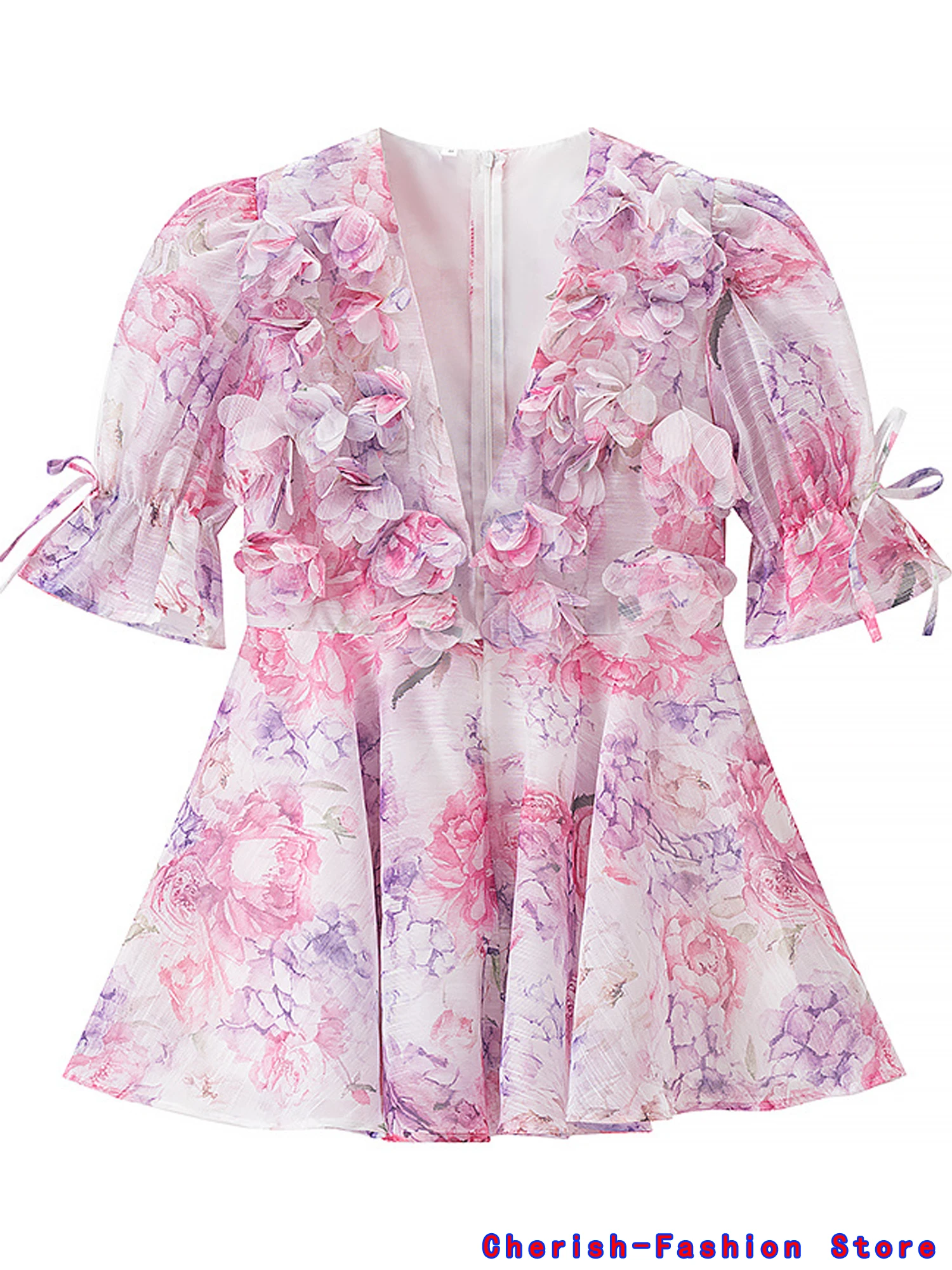Bloem Gedrukt Korte Bladerdeeg Mouw Mini Jurk Vrouwen V-hals Strand Vakantie Zomer Korte Vestido 2025, Strand A-lijn Sexy Casual Gown