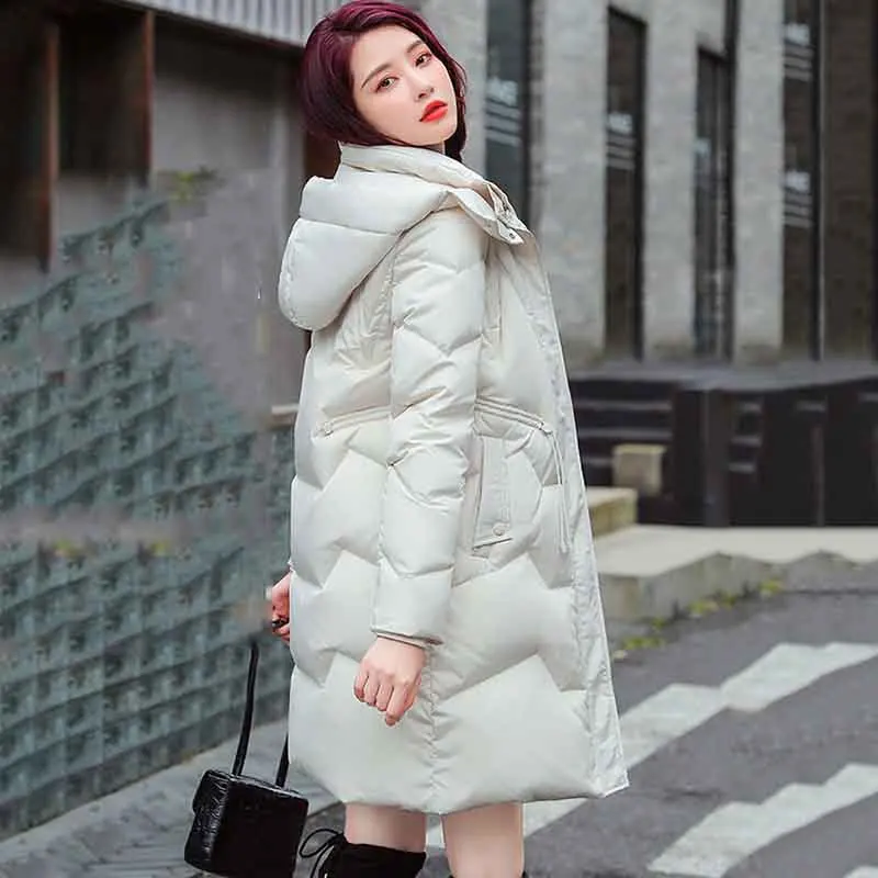 Korean Version Of White Duck Down  Women's  Winter New Fashion Thickened Warm fleece Hooded Mid-length Coat Women's Tide