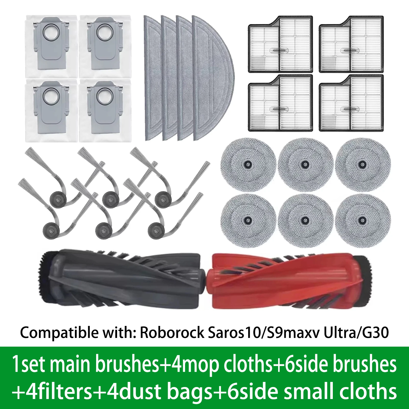 Für Roborock Saros10/S9maxv Ultra Hauptbürste, Seitenbürste, HEPA-Filter, Wischtücher, Staubbeutel für Roborock G30 Roboterstaubsauger Ersatzteile