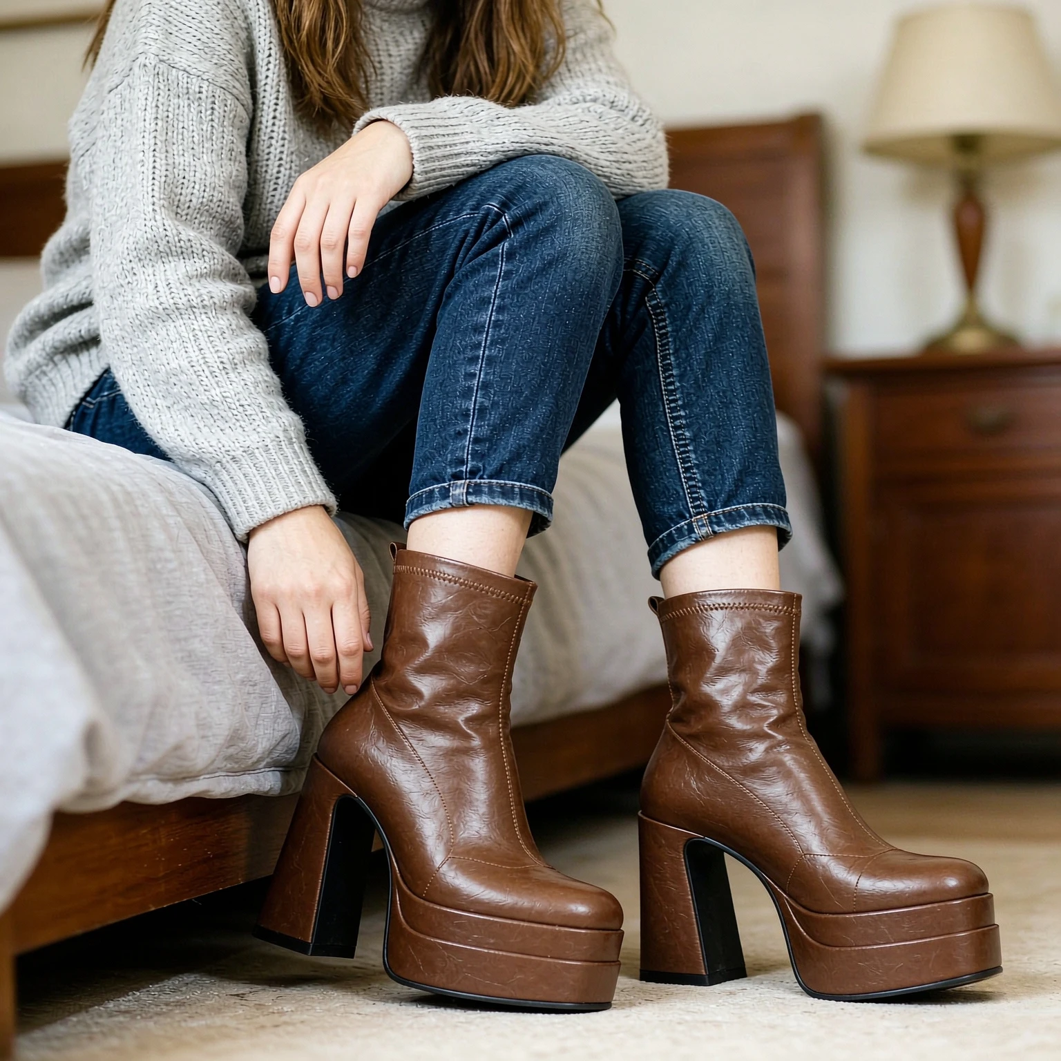 Women's Boots 2026 Waterproof Platform Short Boots Pointed Back Zipper Leather Winter High Heels Ankle Boots 35-45 Women's Shoes