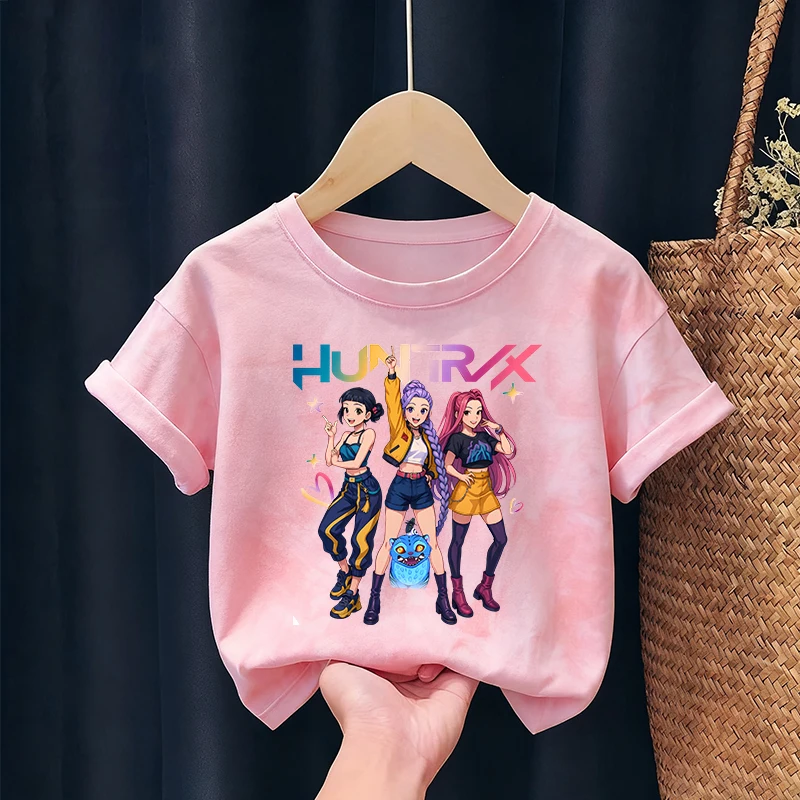 KPop Demon Hunters enfants T-shirt mignon imprimé figurines d'anime fille garçon à manches courtes enfant mode cravate colorant T-shirt maison vêtements haut cadeau