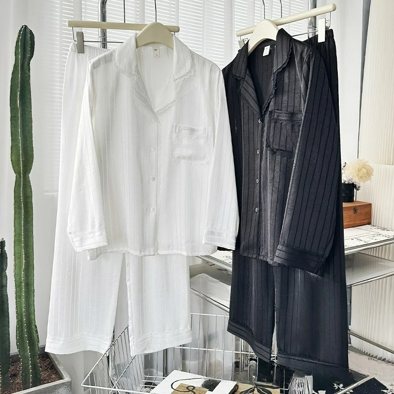 

Ice silk Women Sleepwear 2Pcs Pajamas Set Elegant Stripe Long Sleeve Trouser Pijamas Suit Loose Casual Lounge Wear Pyjama