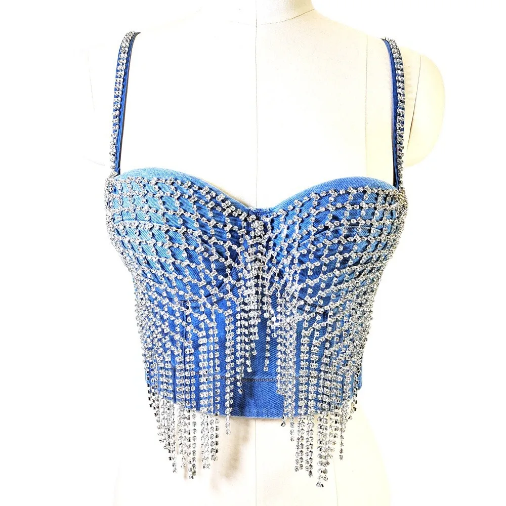

Sexy Denim Bustier Corset Top Women's Vest Nightclub Outfit Rhinestone Fringe Stage Wear Boned Corset Summer Festival Party