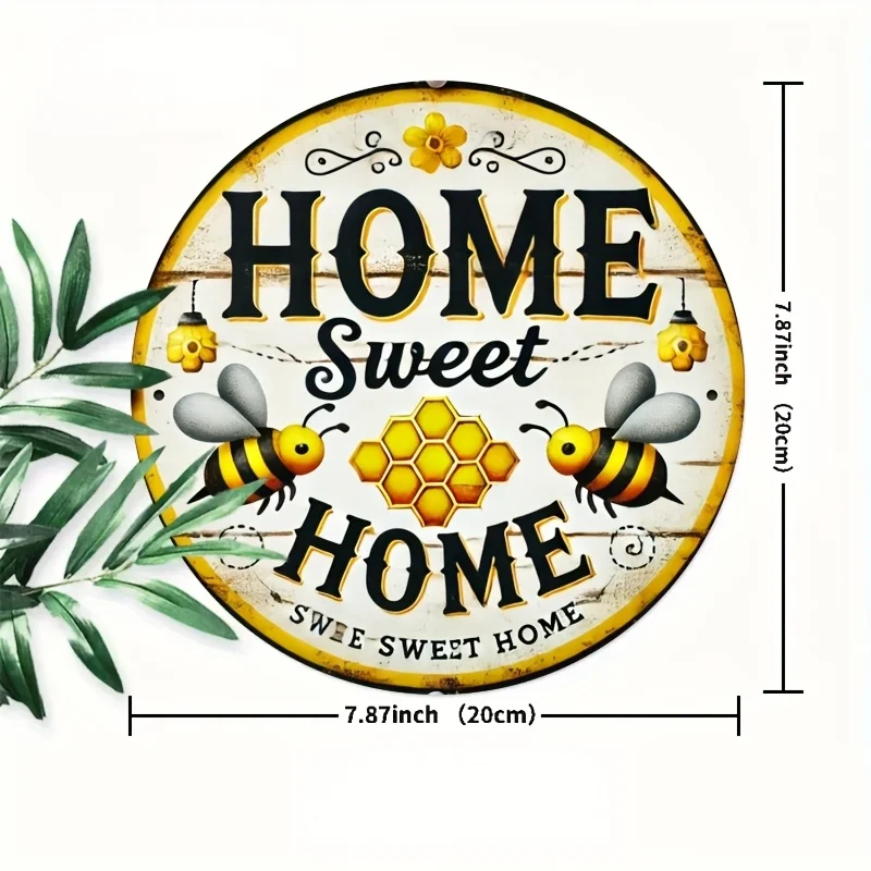 2D Flat Retro Round Metal Sign Home Sweet Home Cute Bee & Honeycomb Print Country Style Porch Outdoor Decorative Wall Plaque