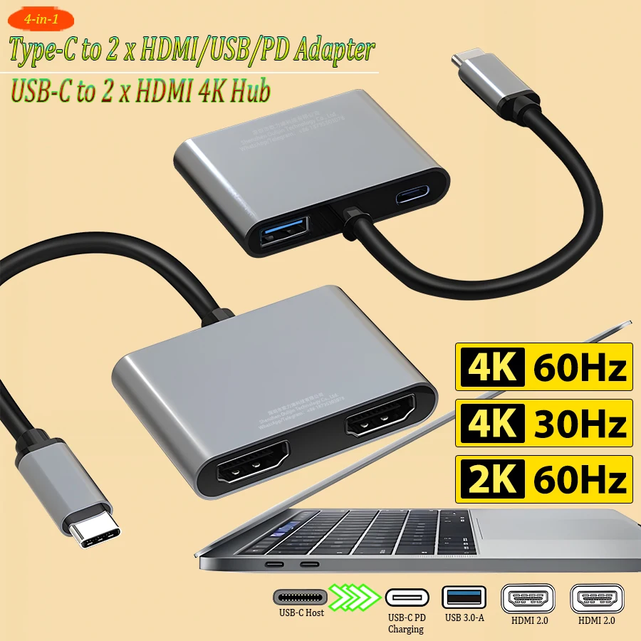 

Laptop Docking Station USB-C 2x HDMI 4K Hub Type-C to Dual HDMI/USB/PD Adapter for MacBook Dell HP Lenovo MateBook MagicBook