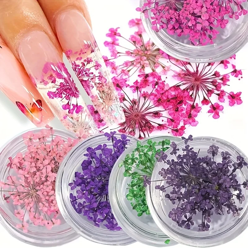12 Colors 3D Vibrant Dried Flower Nail Charms, Self‑Adhesive Delicate Real Dried Flower Nail Art Decorations, Easy Application DIY Nail Supplies for Home & Nail Salon