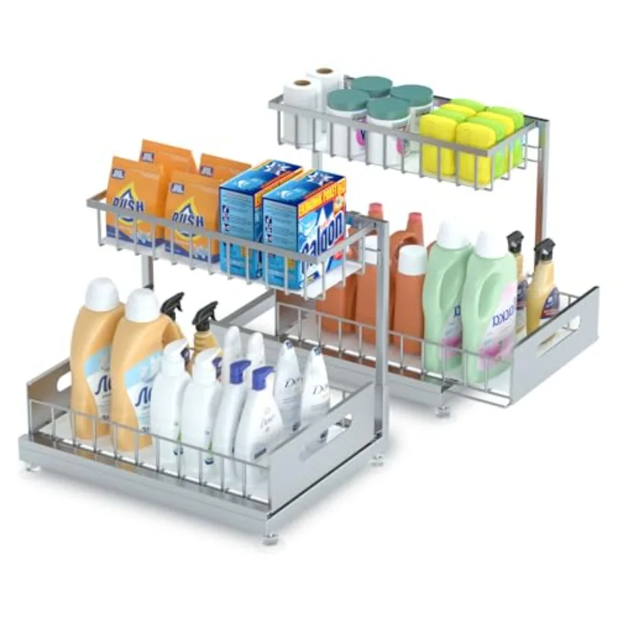 

Under Sink Organizer Storage 2-Tier Premium Metal Pull-Out Kitchen Cabinet Organizer with Sliding Drawer Height Adjustable Heav