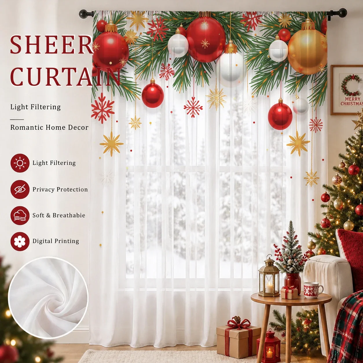 Christmas Day Gradient Sheer Curtain, Good Quality Light Reducing Privacy Voile for Living/Bedroom/Kids Room,Mother's Day Gift