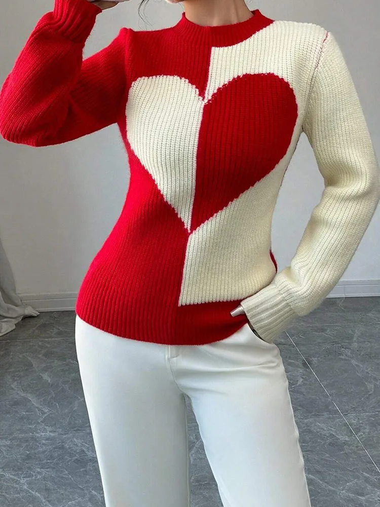 

Women's peach heart round neck contrasting color pullover made of woolen fabric, casual and loose, suitable for Valentine's Day